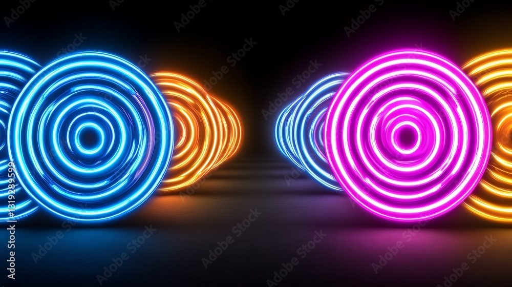Vibrant Neon Spirals in Blue Pink and Orange Against Dark Background Vibrant Neon Spirals in Blue Pink and Orange Against Dark Background