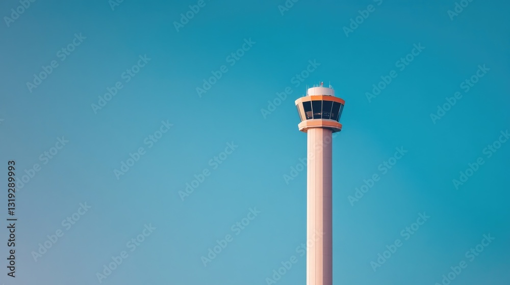 control tower standing tall in distance framed against deep blue evening sky with copy space control tower standing tall in distance framed against deep blue evening sky with copy space