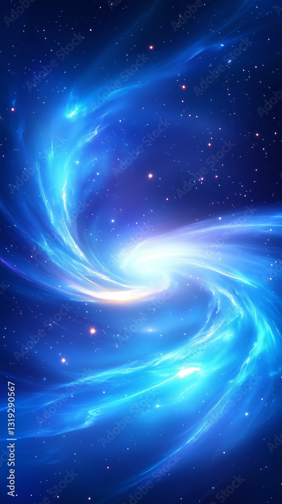 Fototapeta premium A captivating cosmic vortex displays dynamic blue swirls emanating from a bright center. Scattered stars twinkle against the backdrop of the dark universe, showcasing the beauty of deep space