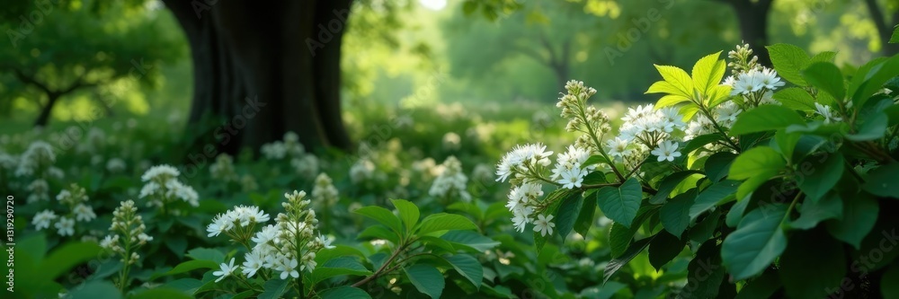 Dense foliage of dark green leaves surrounds white flowers blooming under a majestic tree canopy, blossoms, botanicals Dense foliage of dark green leaves surrounds white flowers blooming under a majestic tree canopy, blossoms, botanicals