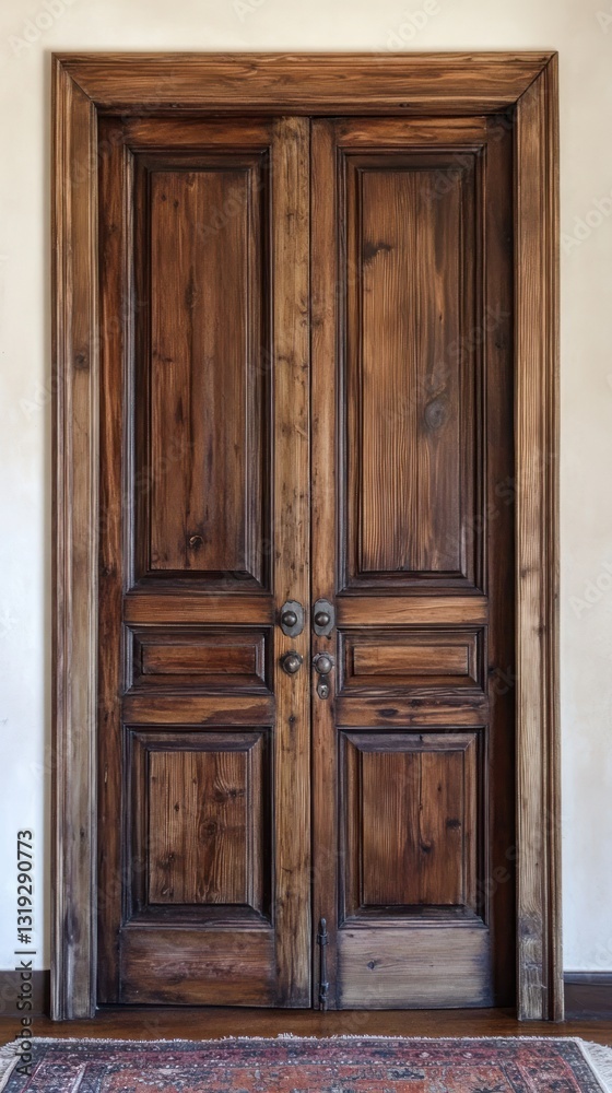 A detailed frontal image of an ornate wooden double door A detailed frontal image of an ornate wooden double door