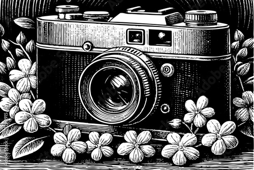 vintage photo camera with flowers black and white hand drawn sketch