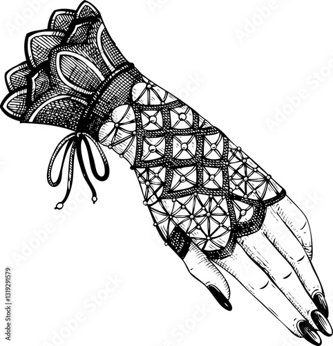 Vintage lace gloves vector sketch. Romantic gothic fashion illustration. Halloween accessories, dark academia clothing. Hand-drawn historical costume design. NOT AI generated