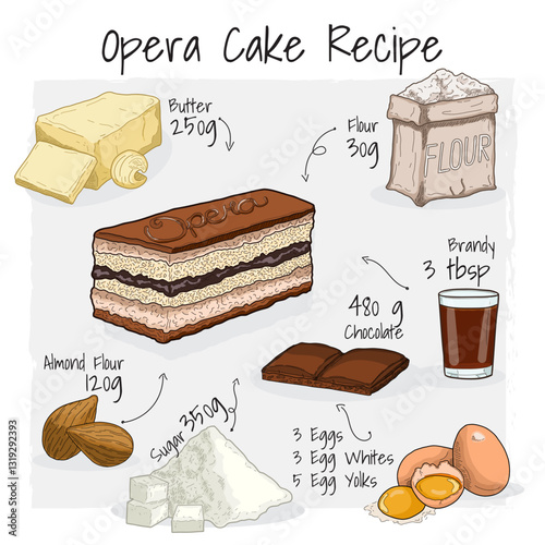 Opera French Pastry Illustration Recipe Dessert with Ingredients