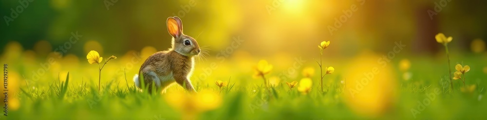 Gentle breeze rustles the leaves as the bunny hops through a meadow of golden hues, green grass, leafy Gentle breeze rustles the leaves as the bunny hops through a meadow of golden hues, green grass, leafy