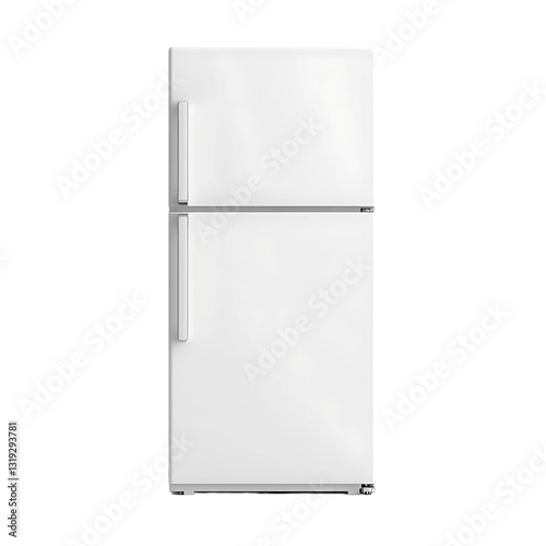 A pristine white top-freezer refrigerator stands centered, with a minimalist aesthetic and practical two-door design, set against a stark black backdrop.
