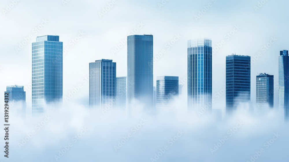 Fototapeta premium Toxic Smog Covering City Skyscrapers Under a Cloudy Sky in Urban Environment
