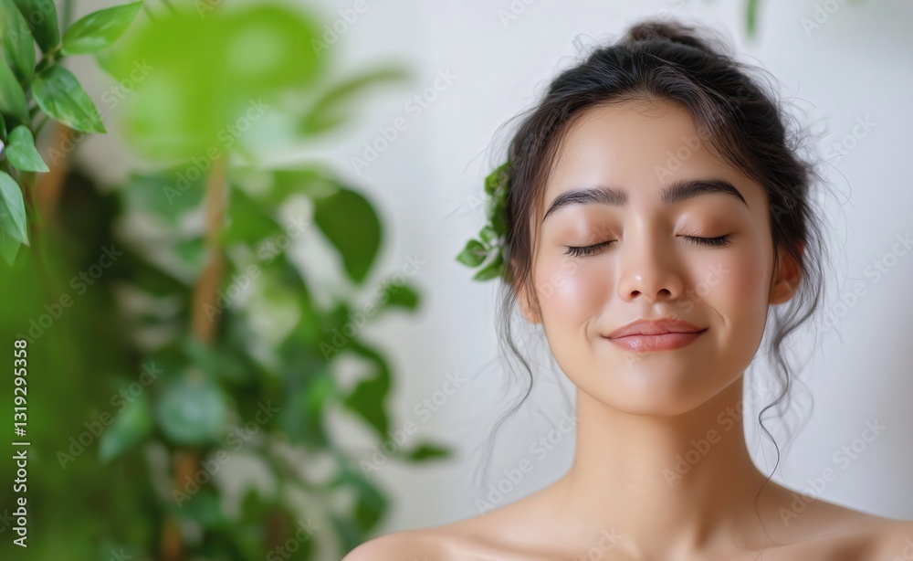 Relaxing self-care moment indoor setting portrait of a woman lush greenery close-up view wellness concept Relaxing self-care moment indoor setting portrait of a woman lush greenery close-up view wellness concept