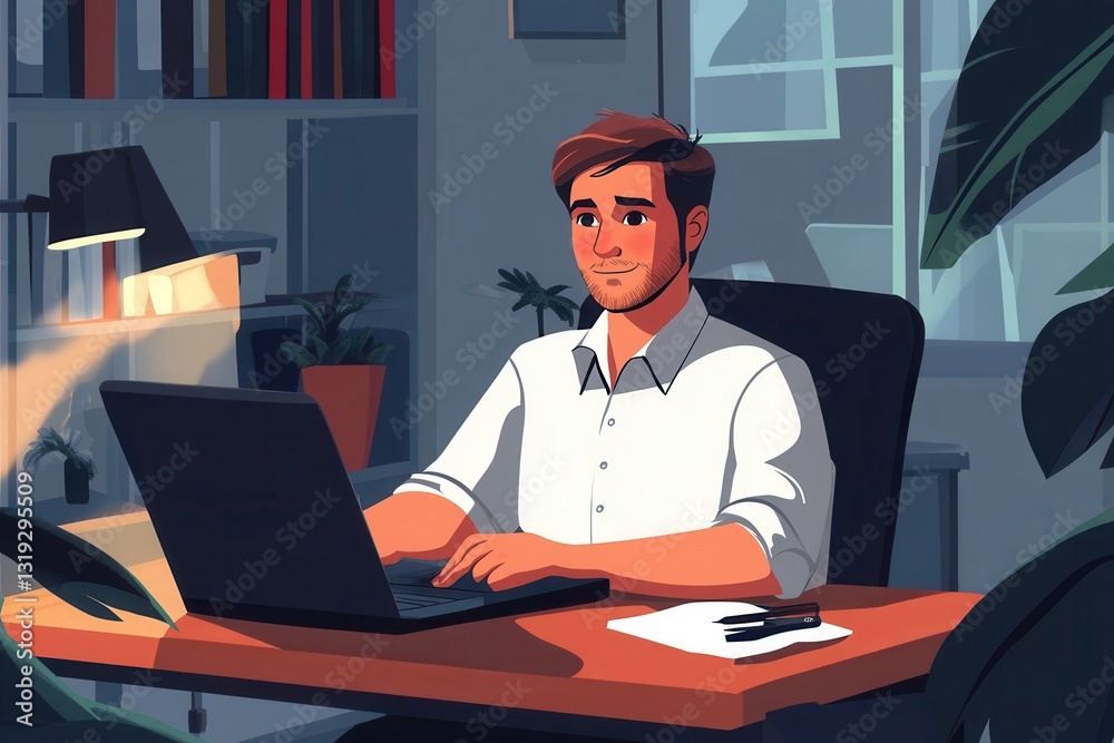 Businessman on a video call in a home office Businessman on a video call in a home office