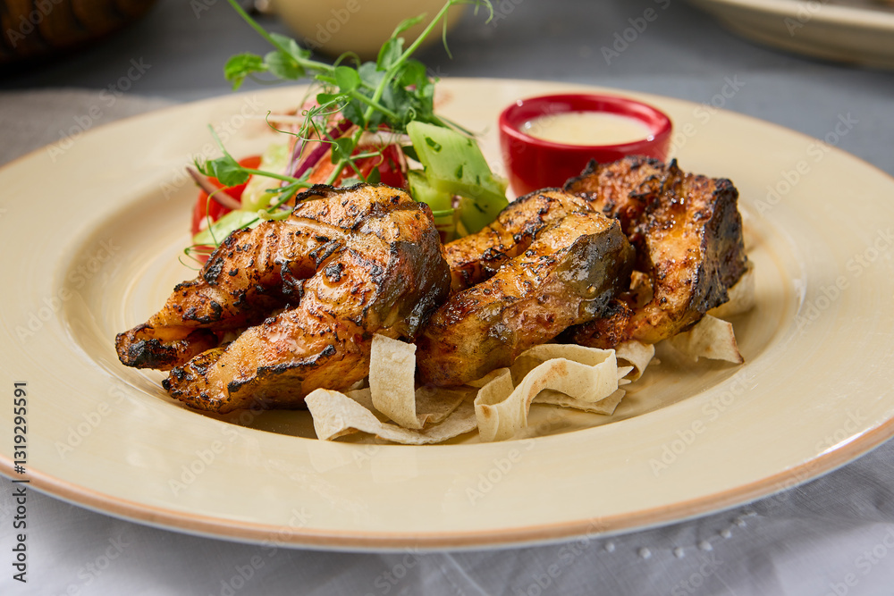 Grilled Trout Shashlik with Fresh Vegetables - Vibrant Culinary Delight in Rustic Style Grilled Trout Shashlik with Fresh Vegetables - Vibrant Culinary Delight in Rustic Style