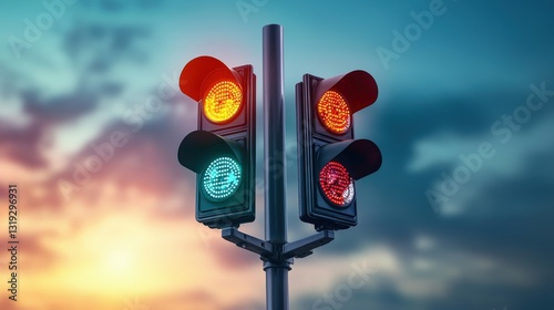 A traffic light displays red, yellow, and green signals against a dramatic sky, guiding vehicles and ensuring road safety.