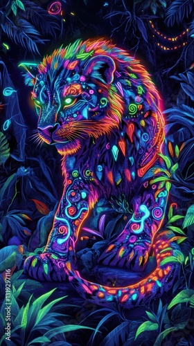 Wallpaper Mural Neon Painted Big Cat Amidst Vibrant Tropical Flora Torontodigital.ca