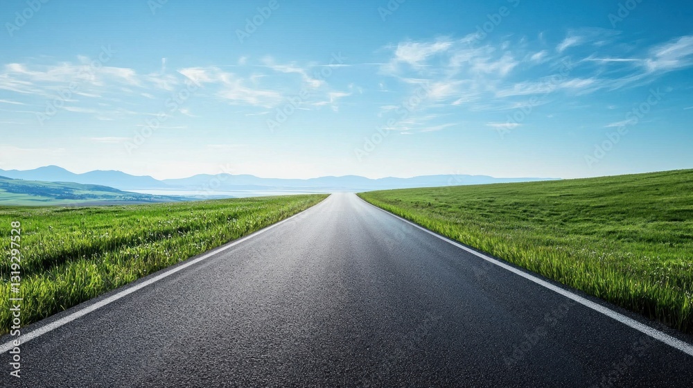 Long straight road through green fields under clear blue sky. Long straight road through green fields under clear blue sky.