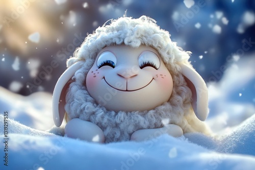 Adorable fluffy cartoon sheep happily playing in the snow with a joyful expression photo