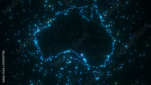 Futuristic digital artwork of glowing starry particles forming the map of Australia. The abstract dots create a cosmic and tech-inspired visualization against a dark space-like background.