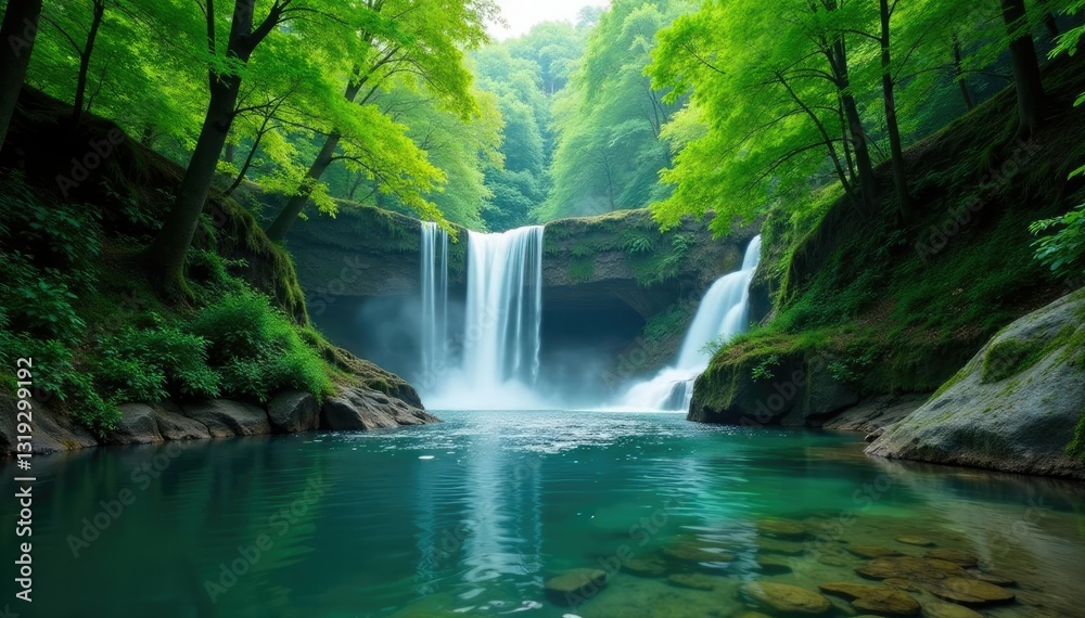 River with lush greenery and a waterfall backdrop, forest, scenery, river River with lush greenery and a waterfall backdrop, forest, scenery, river
