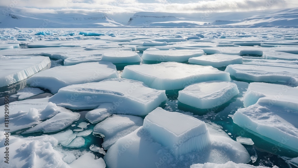 Obraz premium Expansive view of floating icebergs and ice formations in a glacial sea under a cloudy sky
