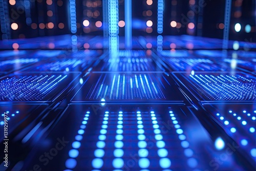 Futuristic data network infrastructure.  Dynamic glowing blue light patterns on structured panels, creating a sense of advanced technology and connectivity