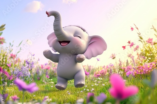 Chubby Baby 3D Animated Elephant Playfully Dancing in Colorful Meadow
