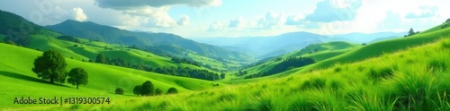 Rolling hills in mountain valley covered with lush green grass, nature, hills, mountains