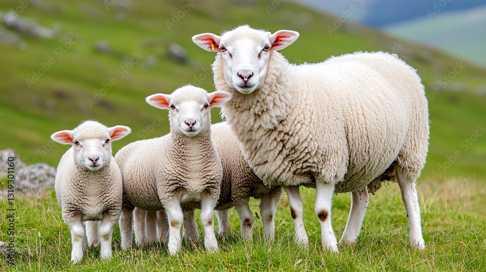 adorable sheep family in green pastures adorable sheep family in green pastures