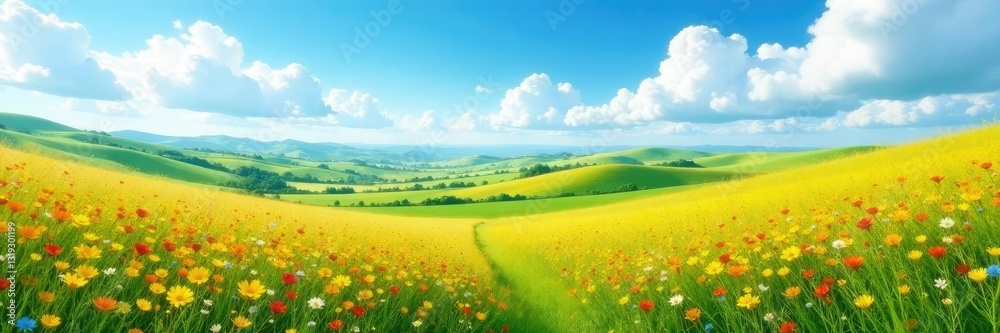 Rolling hills with white clouds against a blue sky and blooming wildflowers, agriculture, sunshine Rolling hills with white clouds against a blue sky and blooming wildflowers, agriculture, sunshine