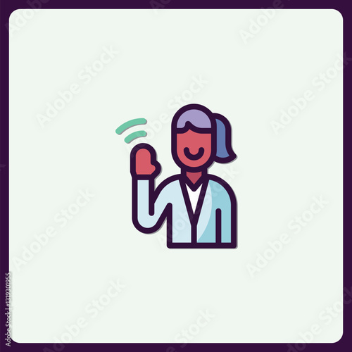 Female figure waving hand with communication signals icon illustration