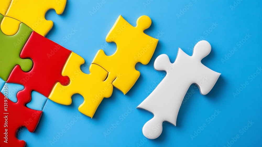 Colorful Puzzle Pieces with One White Piece on a Blue Background Colorful Puzzle Pieces with One White Piece on a Blue Background