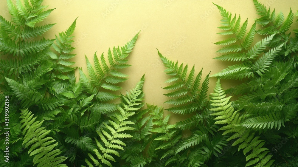 Fototapeta premium Fresh green ferns arranged on a pastel yellow background