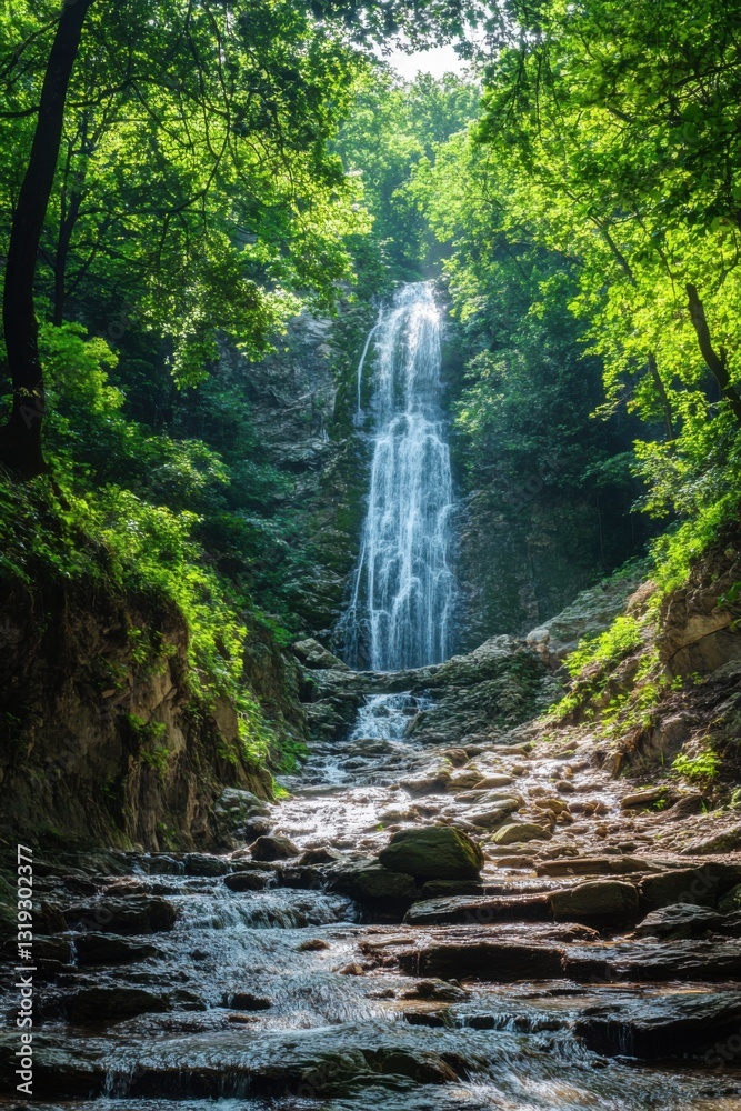 Naklejka premium Waterfall in green forest. Water stream flows over rocks. Sunny light shines through trees. Nature landscape view. Natural environment background.