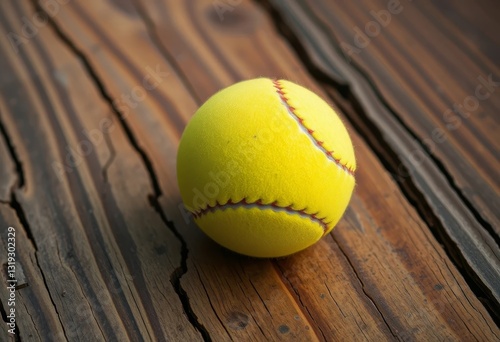 A vibrant yellow softball rests gently on a weathered, rustic wooden surface, showcasing the contrast between the smooth ball and the rough texture of the aged planks.