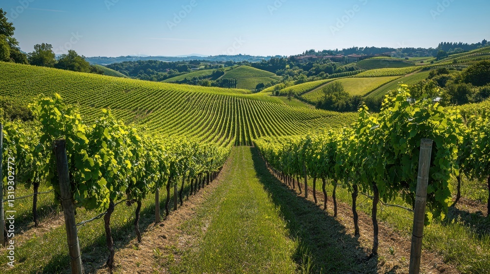 Vineyard rows stretch across green hills. Bright sunlight shines on plant leaves. Landscape shows rolling terrain. Rows of vines in the countryside.