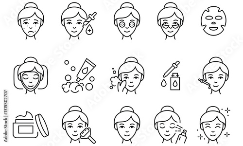 Skin care icon set. Female face and a small syringe and an injection drug. Cosmetics design. Facial skin care icons. Vector illustration.
