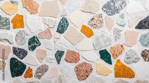 A stunning array of natural stones forms a vibrant mosaic, showcasing various colors, shapes, and textures. The arrangement invites detailed observation of nature’s artistry in design