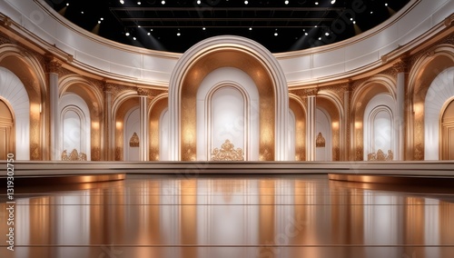 White golden ceremony award stage venue background.