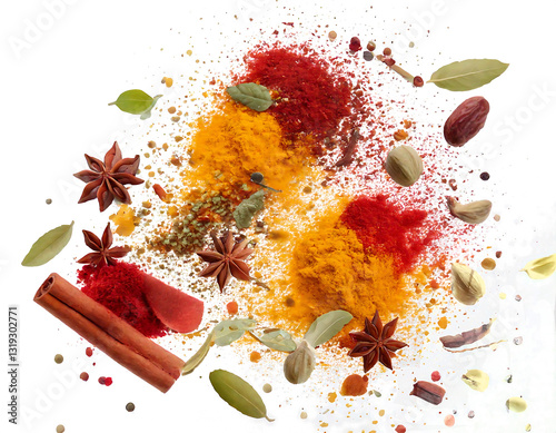 Different aromatic spices falling isolated on transparent background