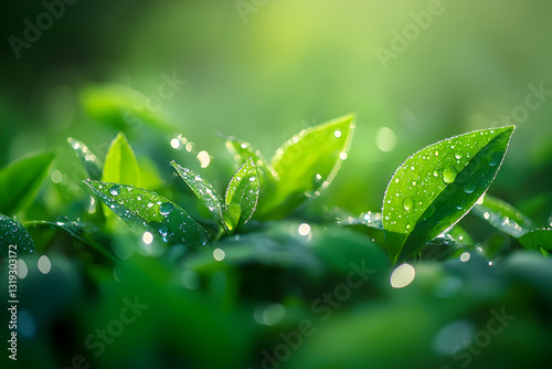 Fresh green leaves with morning dew, capturing the beauty of naturea??s simplicity