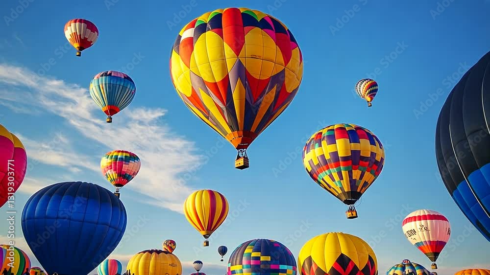 Vibrant hot air balloons soaring against a clear blue sky, dreamlike and inspiring