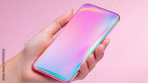 stunning handheld smartphone with vibrant iridescent display on soft pink background