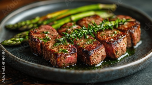 A gourmet plate featuring two grilled lamb chops with charred edges, accompanied by creamy risotto garnished with herbs.