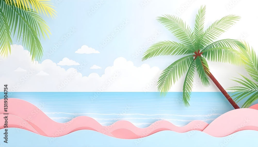 Obraz premium Summer Beach Vacation Vector Design with Palm Leaves and Pink Wave