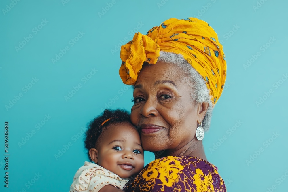 Loving African American grandmother holding her smiling granddaughter in a warm embrace against a vibrant blue background
