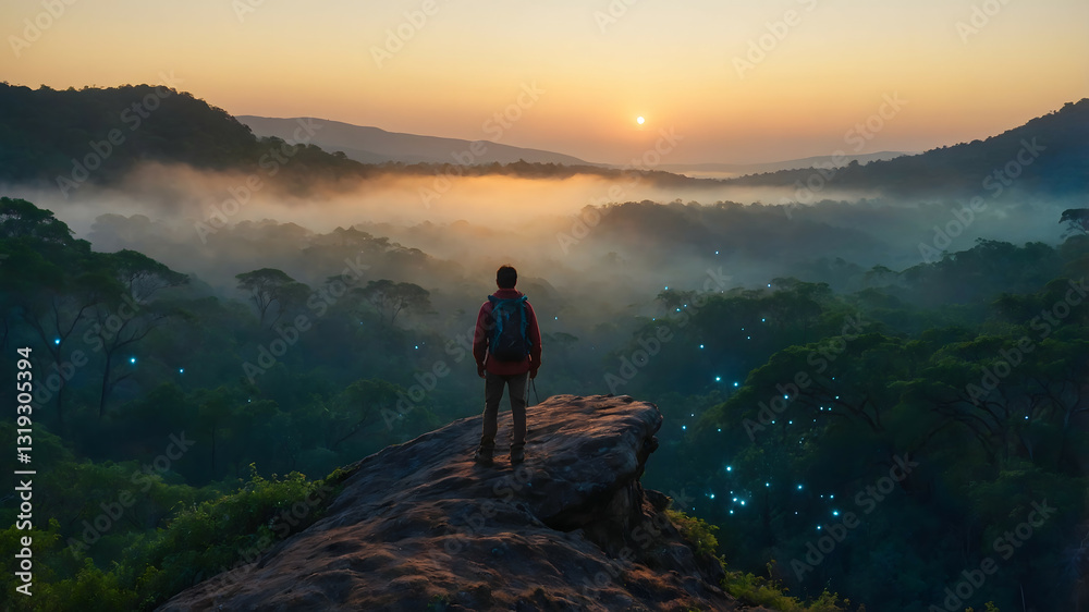 Fototapeta premium Exploring the breathtaking sunrise over a misty forest landscape in the early morning light