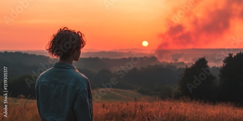 A person gazes at a breathtaking sunset over a lush landscape. The colors blend beautifully in a peaceful setting. Nature and tranquility come together. AI