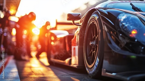 Racing Car in Pits with Sunset Background and Mechanics Working