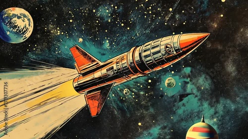 Retro Sci-Fi Airplane and Spacecraft Adventure Illustration in a Starry Galaxy