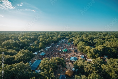 aerial view of bustling festival ground filled with colorful tents and lively crowds surrounded by green trees and photo