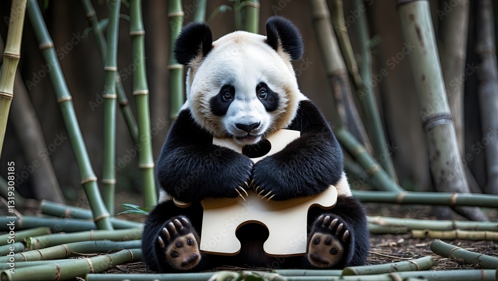Fototapeta premium Adorable panda sitting among bamboo, holding a puzzle piece, exuding playfulness and curiosity