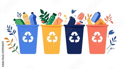 Colorful recycling bins filled with various recyclable materials promote environmental awareness and sustainability.