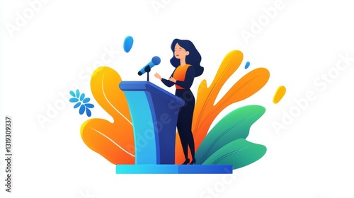 A woman confidently speaks at a podium, representing leadership and empowerment in a vibrant setting.